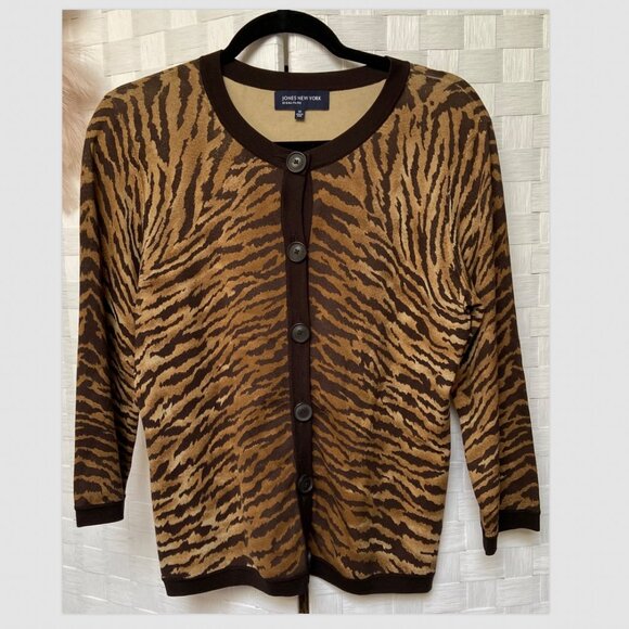 Jones New York Animal Print Brown Silk Button Cardigan Size M - Picture 1 of 4